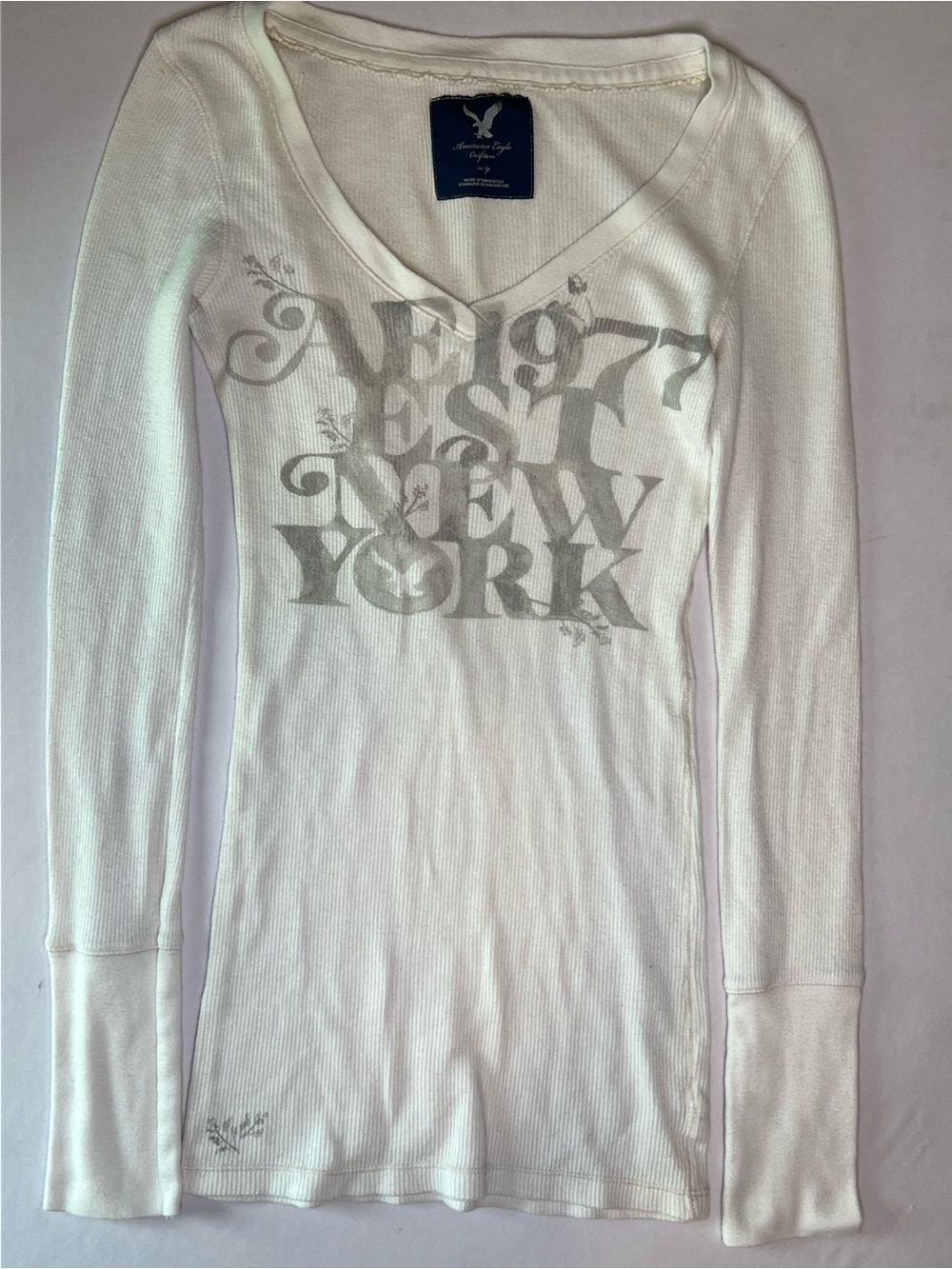 American Eagle Outfitters White V-Neck Ribbed Graphic Tee